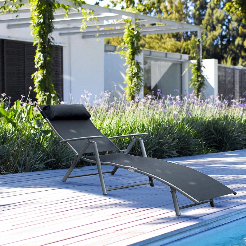 Outsunny Espreguiçadeira Dobrável de Jardim com Encosto Ajustável em 7 Posições Apoio para a Cabeça 137x63,5x100,5 cm Preto