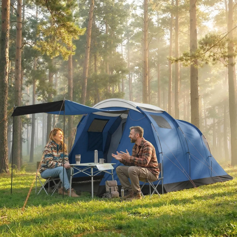 Outsunny Cort de camping tunel pentru 4 persoane impermeabil 3000mm dublu strat anti-condensație înălțime 190cm Albastru închis