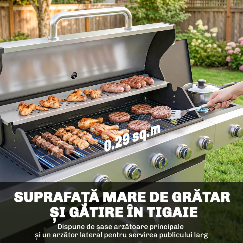 Outsunny Grătar pe Gaz, 6 Arzătoare, Arzător Lateral, Grilaj din Fontă, Dulap Inclus