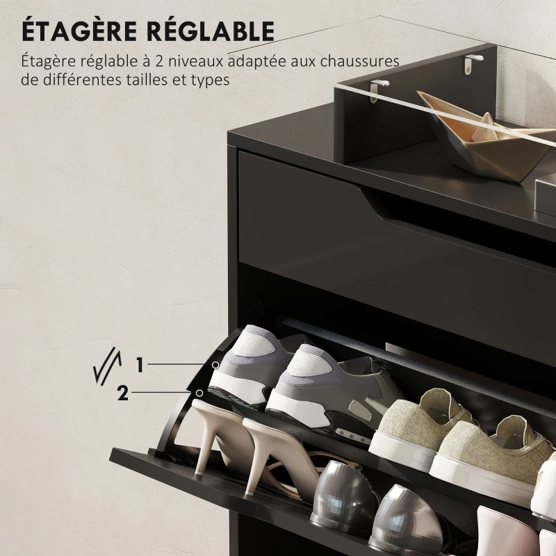 HOMCOM Armoire à Chaussures, 2 Tiroirs Rabattables, 1 Tiroir Coulissant, 1 Comptoir, 89x23x96cm, Noir