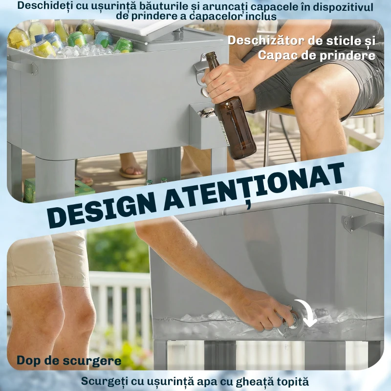 Outsunny Frigider de Grădină de 76L, Cărucior Portabil cu Raft, Deschizător de Sticle, Roți Blocabile, Recipient pentru Capace, Portabil pentru Băuturi, Bar, Grădină, Petreceri, Argintiu