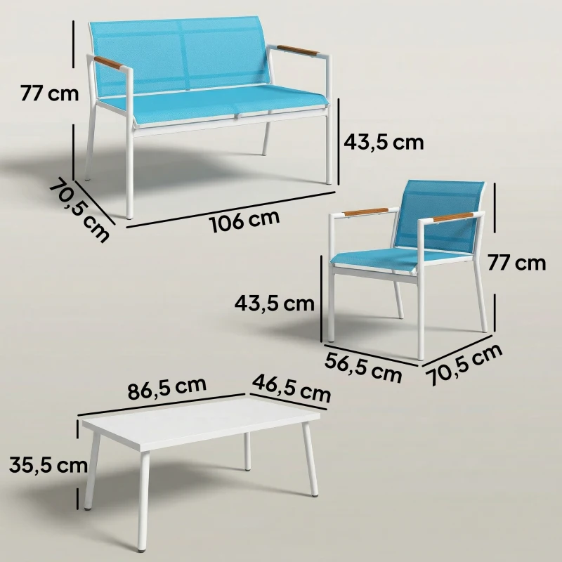 Outsunny Conjunto Jardim 4 Lugares Sofá, Poltronas, Mesa em Metal, Azul.