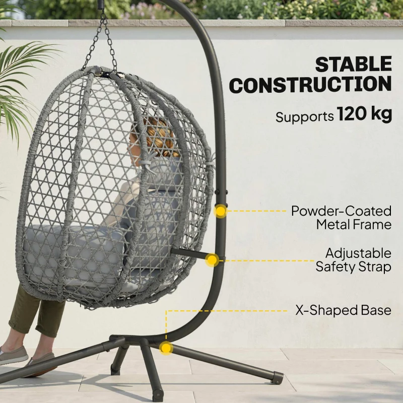 Outsunny Hanging Egg Chair, Indoor Outdoor Rattan Hammock Swing Chair with Stand, Safety Strap, Foldable Basket, Dark Grey
