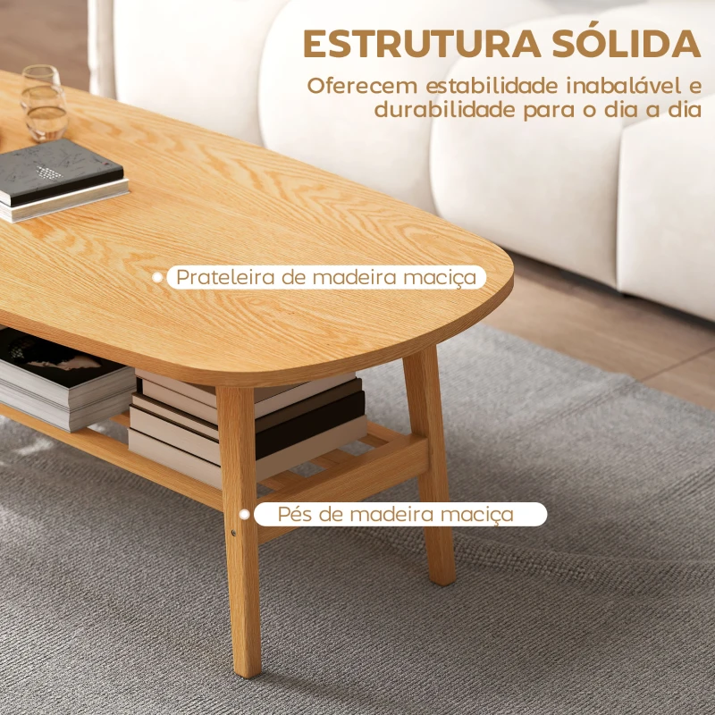 HOMCOM Mesa de Centro de 2 Níveis Moderna com Prateleira Aberta Inferior e Pernas de Madeira de Borracha 120x60x42 cm Madeira