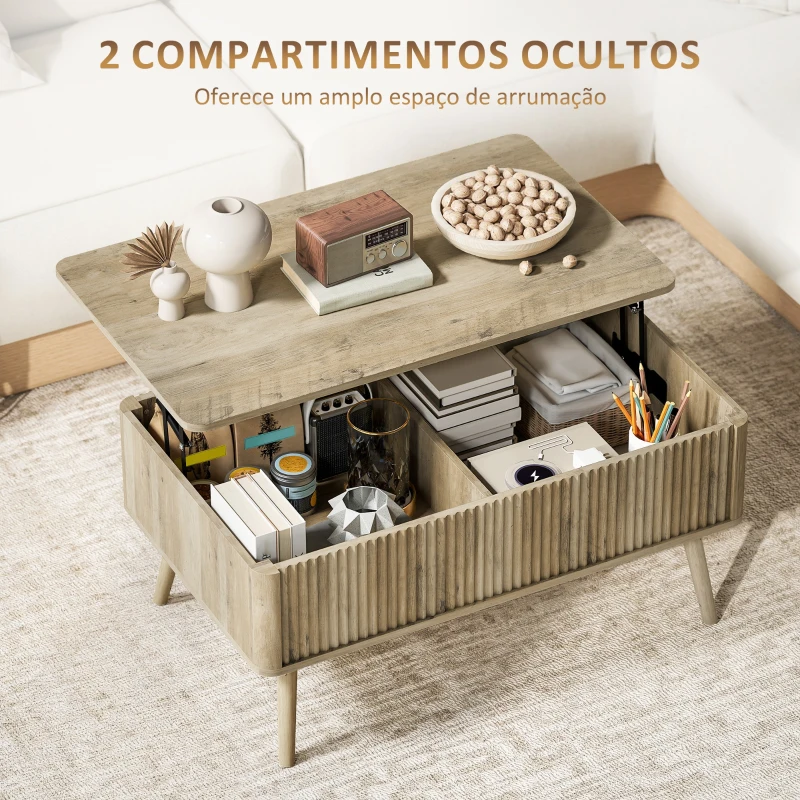 HOMCOM Mesa de Centro Elevatória com Compartimentos Ocultos de Armazenamento e Pés de Pinho 91x56x43 cm Carvalho