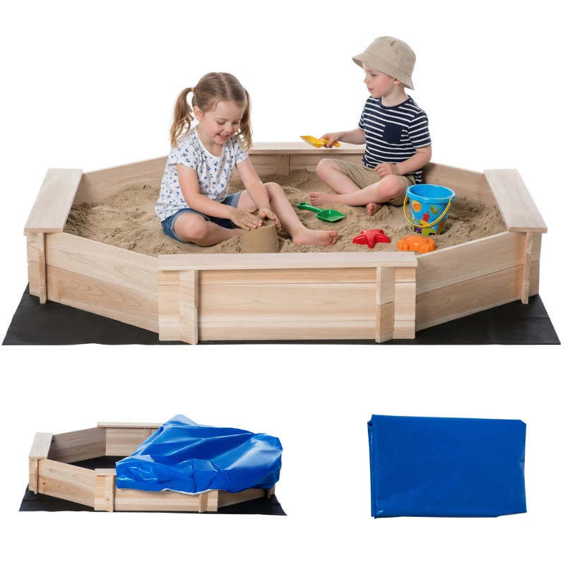 Outsunny Arenero de Madera para Niños de 3-8 Años con Cubierta de Poliéster para Patio Jardín 139,5x139,5x21,5 cm Natural
