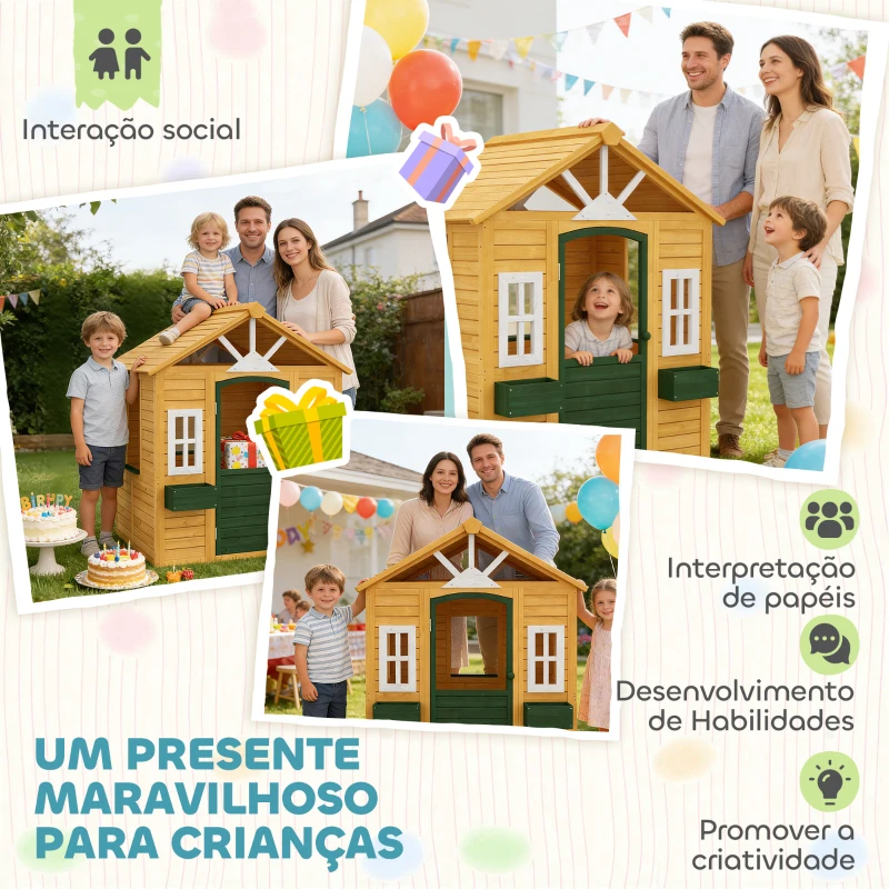 AIYAPLAY Casinha Infantil em Madeira Casinha Infantil com 2 Floreiras 3 Janelas Meia Porta Casa de Jardim para Crianças Castanho