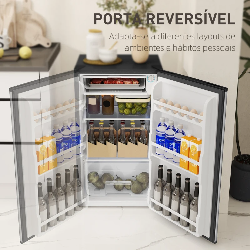 HOMCOM Mini Frigorífico 91L de Capacidade com Compartimento Congelador e Porta Reversível Silencioso 41dB 47,5x44,2x84 cm Preto e Prata