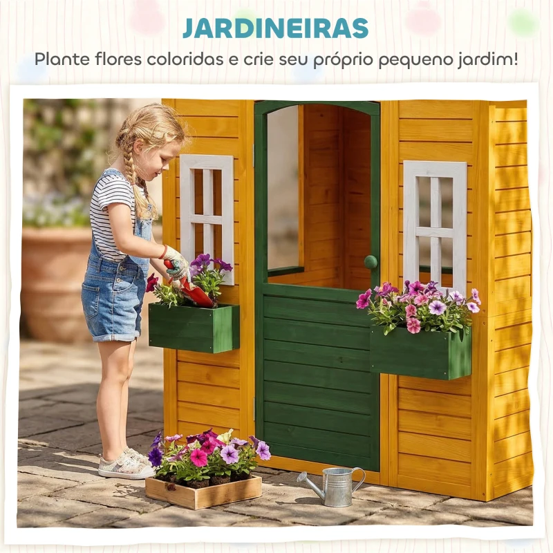 AIYAPLAY Casinha Infantil em Madeira Casinha Infantil com 2 Floreiras 3 Janelas Meia Porta Casa de Jardim para Crianças Castanho