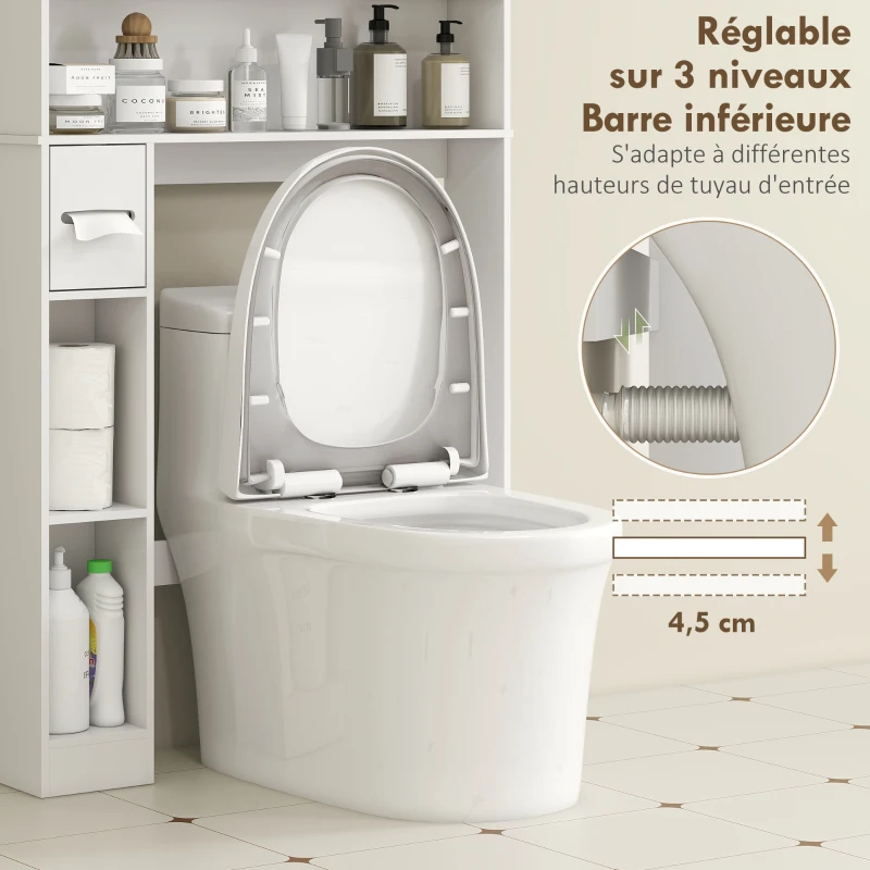 HOMCOM Meuble WC dessus de toilette ou machine à laver, 2 portes, 3 compartiments, porte-papier toilette, 80x19,5x170cm, blanc