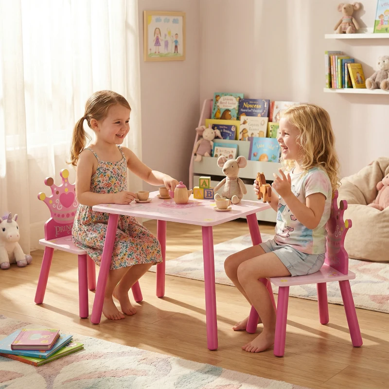 HOMCOM Ensemble table et 2 chaises enfant 3 pièces, pieds en bois massif, table enfant avec chaise motif couronne, pour filles et garçons de 2 à 4 ans, rose
