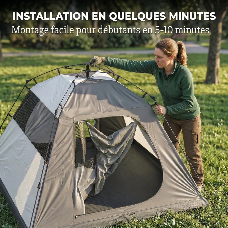 Outsunny Tente de Camping Dôme 2 Personnes 3-4 Saisons Imperméable 3000mm Montage Facile 2 Portes 210x210x150cm Gris Foncé