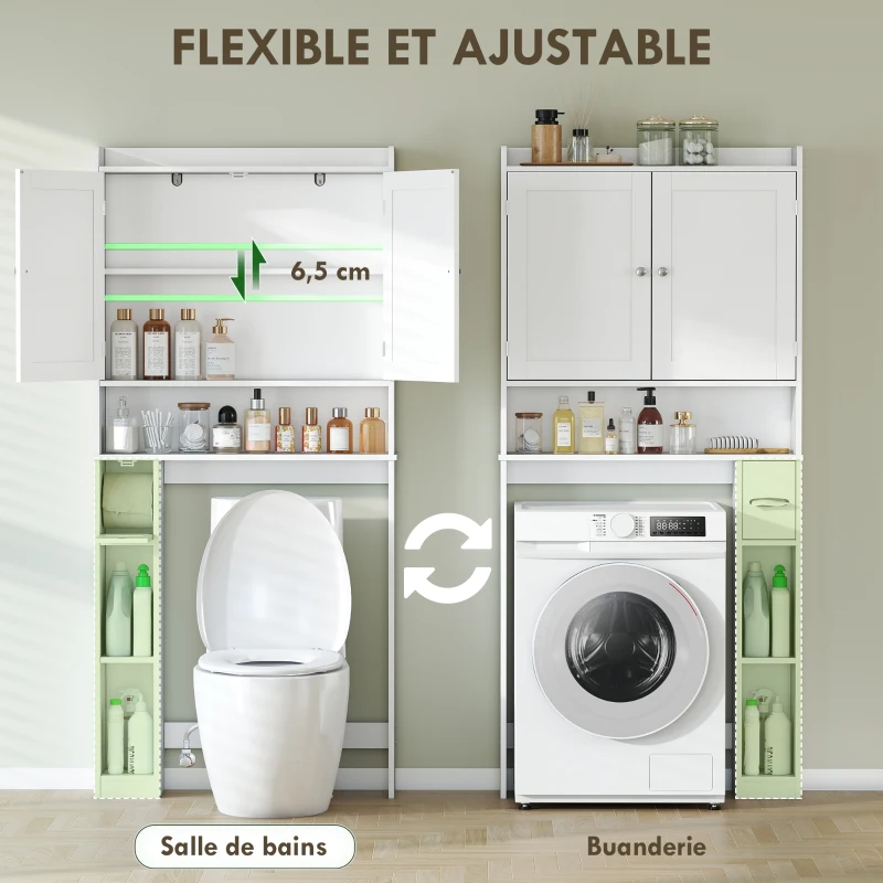 HOMCOM Meuble WC dessus de toilette ou machine à laver, 2 portes, 3 compartiments, porte-papier toilette, 80x19,5x170cm, blanc