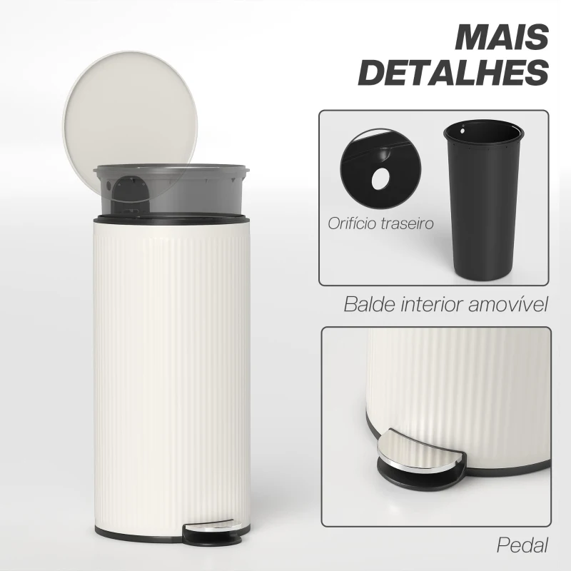 HOMCOM Balde do Lixo para Cozinha com Pedal 30L Cubo de Lixo Metálico com Tampa de Fecho Suave e Balde Removível 36x30x60,5 cm Creme