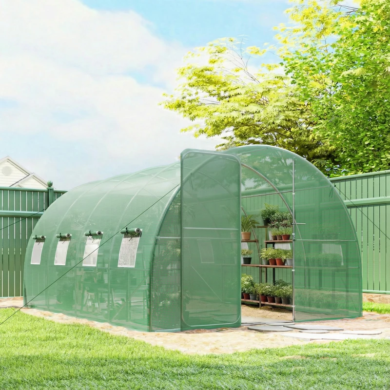 Outsunny Serre tunnel de jardin 12m², serre de jardin tunnel 295x400x200cm porte et 8 fenêtres, bâche PE 140 g/m² vert