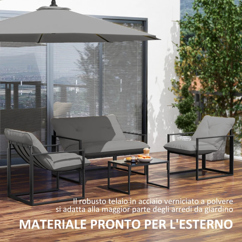 Outsunny Set da Giardino 4 Pezzi con Divanetto, 2 Poltrone e Tavolino, in Acciaio, Poliestere e Cotone PP, Nero e Grigio