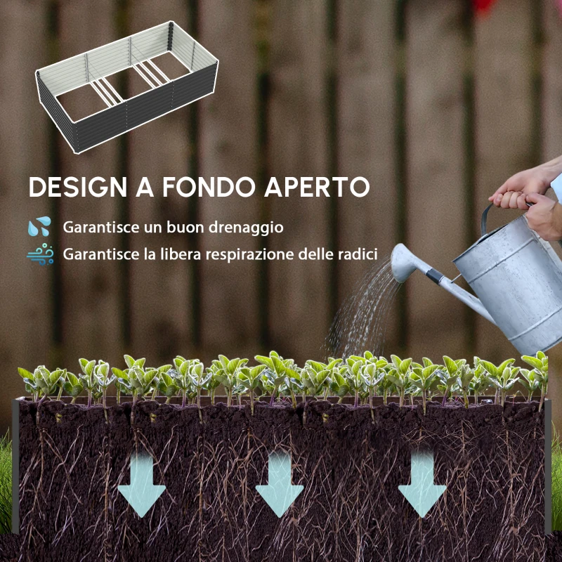 Outsunny Fioriera Rialzata Zincata Rettangolare per Esterno con Fondo Aperto, 240 x 120 x 60cm, Grigio