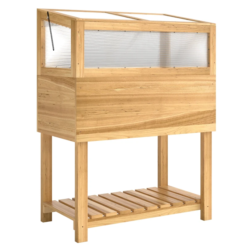 Outsunny Carré Potager sur Pieds avec Serre en Bois avec Couvercle Relevable, Étagère de Rangement, 80x45x108,5cm, Naturel