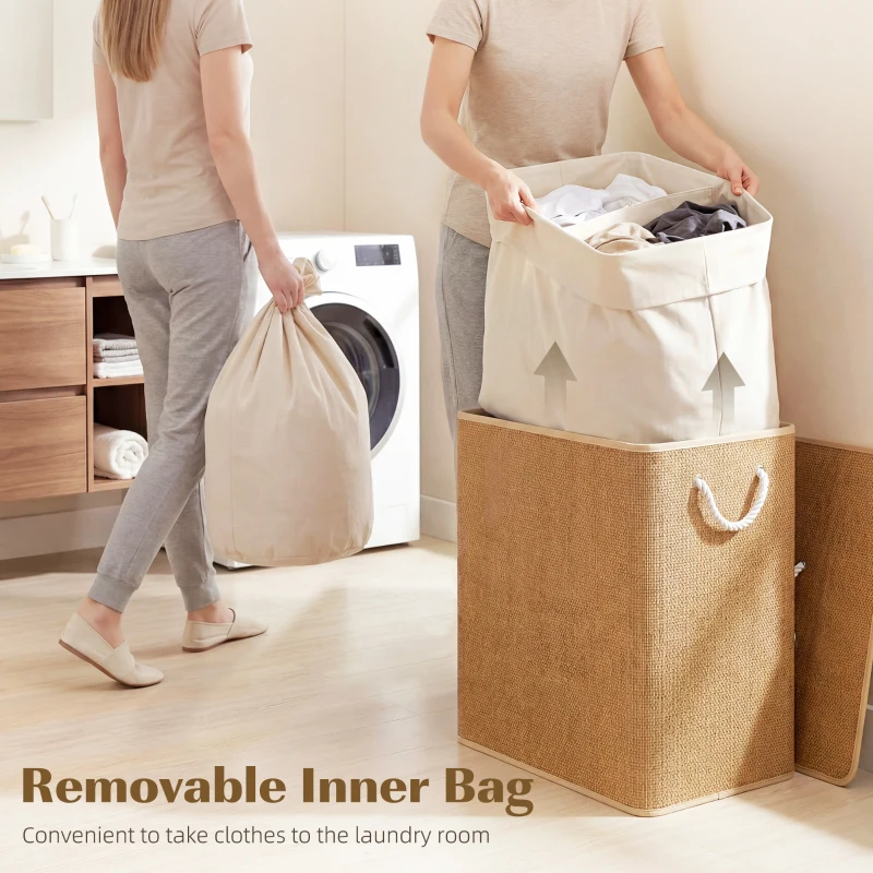 HOMCOM Double Laundry Basket with Lid, 100L Bamboo Laundry Hamper with Rope Handles, Washing Basket with Removable Liner for Bathroom, Bedroom, Brown