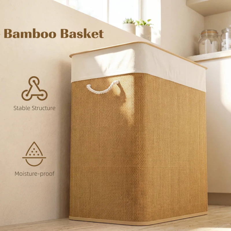 HOMCOM Double Laundry Basket with Lid, 100L Bamboo Laundry Hamper with Rope Handles, Washing Basket with Removable Liner for Bathroom, Bedroom, Brown