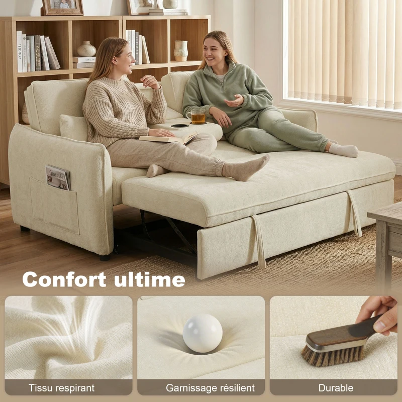 HOMCOM Canapé convertible 2 places 3 en 1, canapé-lit clic clac en chenille avec dossier réglable, porte-gobelets, beige