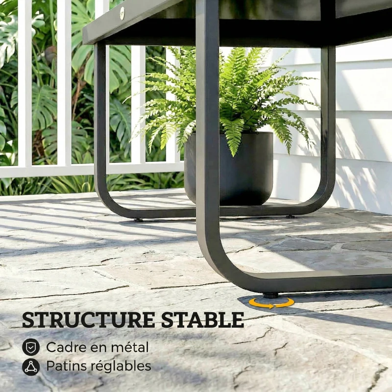 Outsunny Table Basse de Jardin Rectangulaire, Pieds Incurvés, Plateau en Verre Trempé, pour Terrasse Balcon, 90x45x33cm, Noir