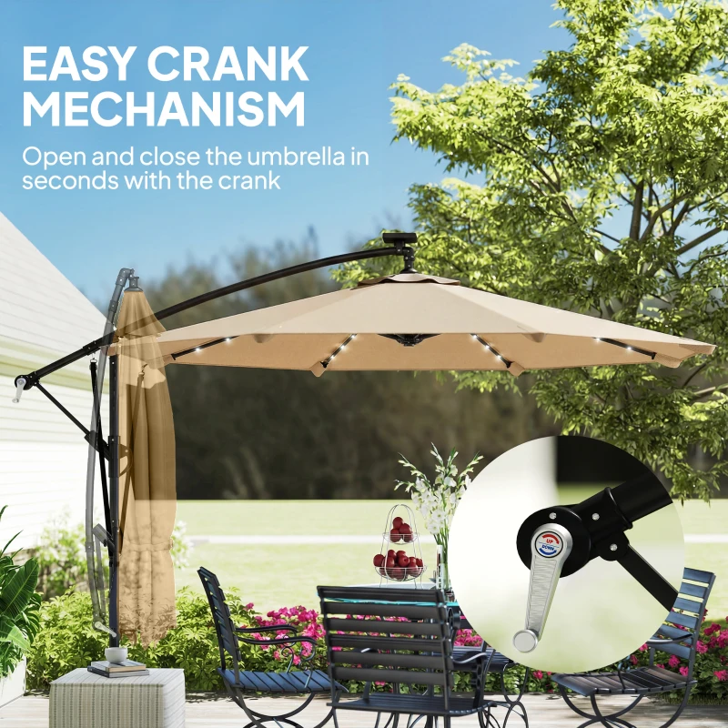 Outsunny Chapéu de Sol Excêntrico com Luzes LED Solares 330x295 cm Chapéu de Sol para Jardim com Base Cruzada Manivela Capa Protetora Caqui