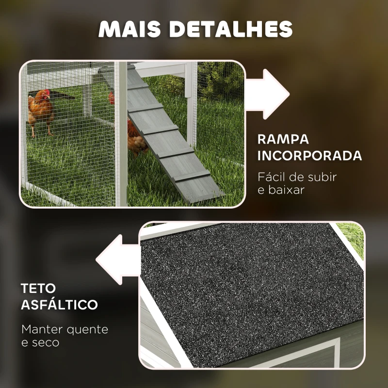 PawHut Galinheiro de Madeira Grande para Exterior com 2 Ninhos Cercado Telhado de Asfalto Bandeja Removível e Rampa 347x160x150 cm Cinzento Escuro