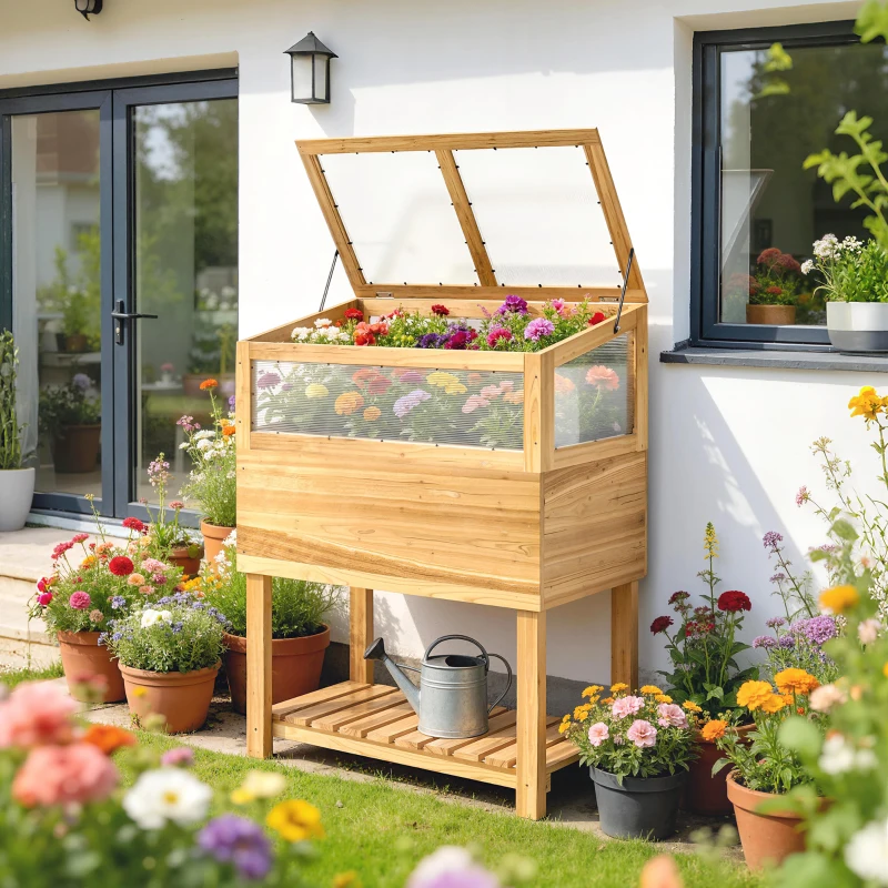 Outsunny Carré Potager sur Pieds avec Serre en Bois avec Couvercle Relevable, Étagère de Rangement, 80x45x108,5cm, Naturel
