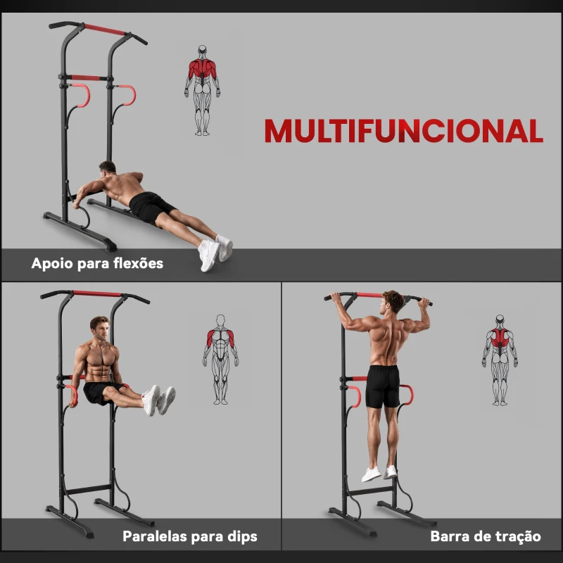 HOMCOM Barra de Elevações com Altura Ajustável Estação de Flexões Máquina de Elevações Multifuncional para Treino de Força 98x84x171-219 cm Preto