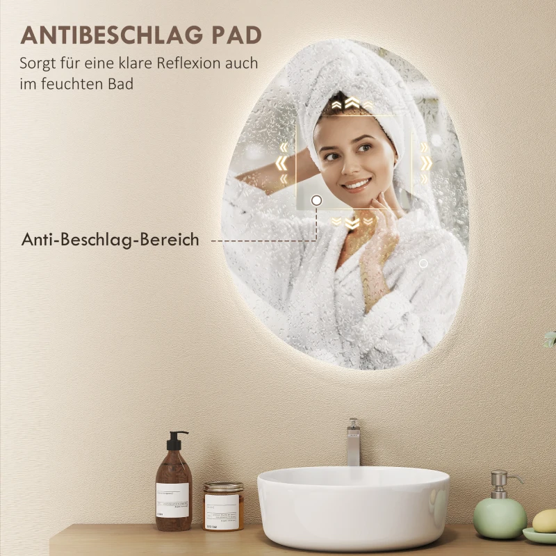 HOMCOM 70 x 50 cm Asymmetrischer Badspiegel mit LED-Licht, Smart Touch Schalter, Anti-Beschlag-Funktion, Silber