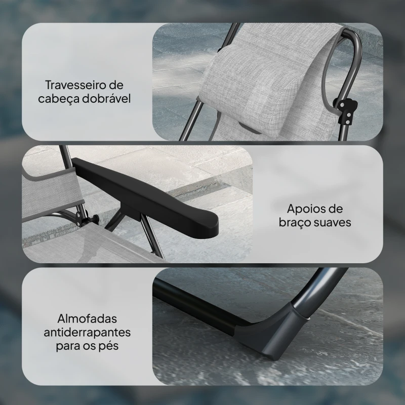 Outsunny Espreguiçadeira Dobrável Encosto Ajustável Orifício de Leitura Almofada de Apoio e Braços Carga 120 kg 145x72x89 cm Cinzento Escuro
