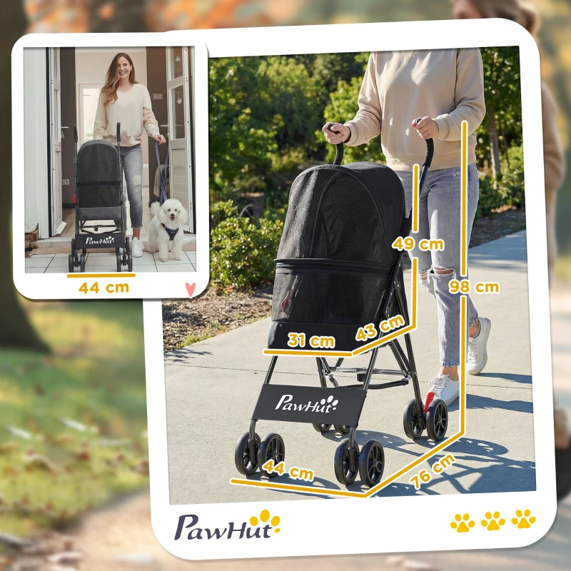 PawHut Dog Stroller, Foldable Cat Dog Pram for Miniature Breeds, Pet Stroller with Brake, Mesh Windows, Black