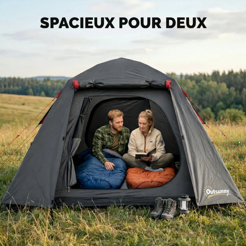 Outsunny Tente de Camping Dôme 2 Personnes 3-4 Saisons Imperméable 3000mm Montage Facile 2 Portes 210x210x150cm Gris Foncé