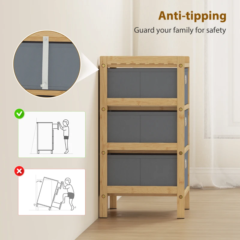 HOMCOM Chest of Drawers, 3 Fabric Drawers Narrow Dresser with Bamboo Frame, Light Grey