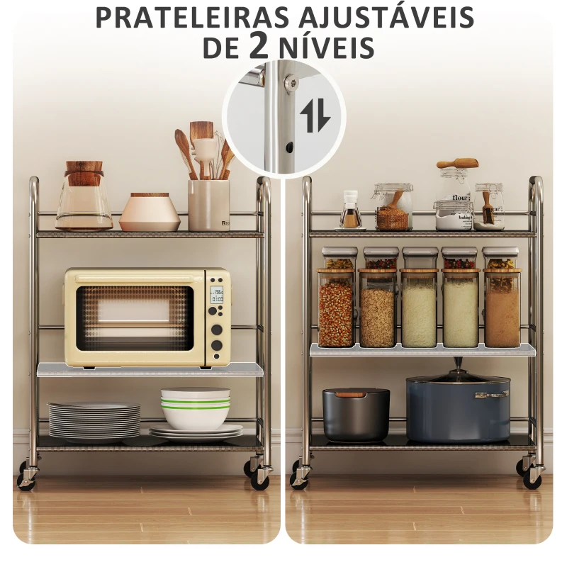 HOMCOM Carrinho Auxiliar com Rodas de Aço Inoxidável de 3 Níveis com Prateleira Ajustável 2 Rodas com Travão 60x35x77 cm Prateado