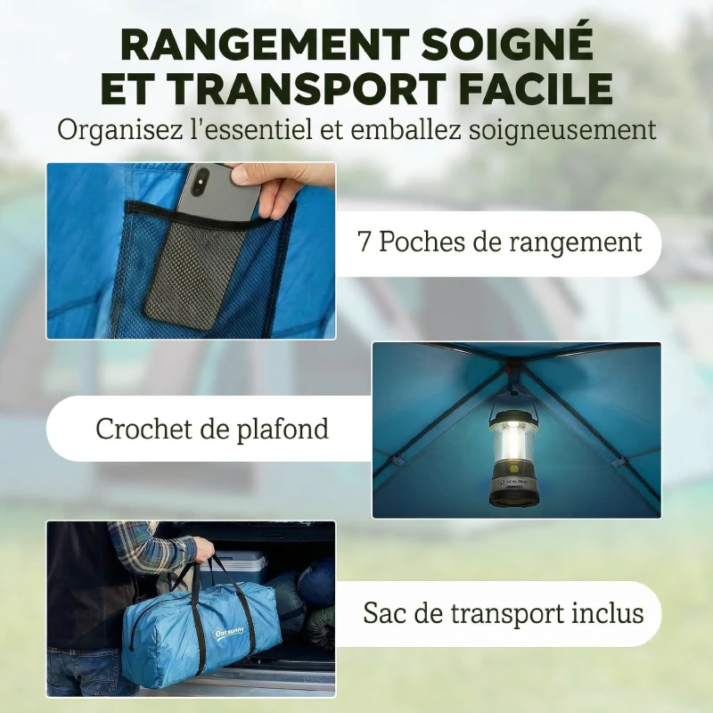 Outsunny Grande Tente Tunnel Camping 4 Personnes 3-4 Saisons Hauteur d'Homme 2 m Séjour XL 3,7 m Imperméable 3000mm Bleu