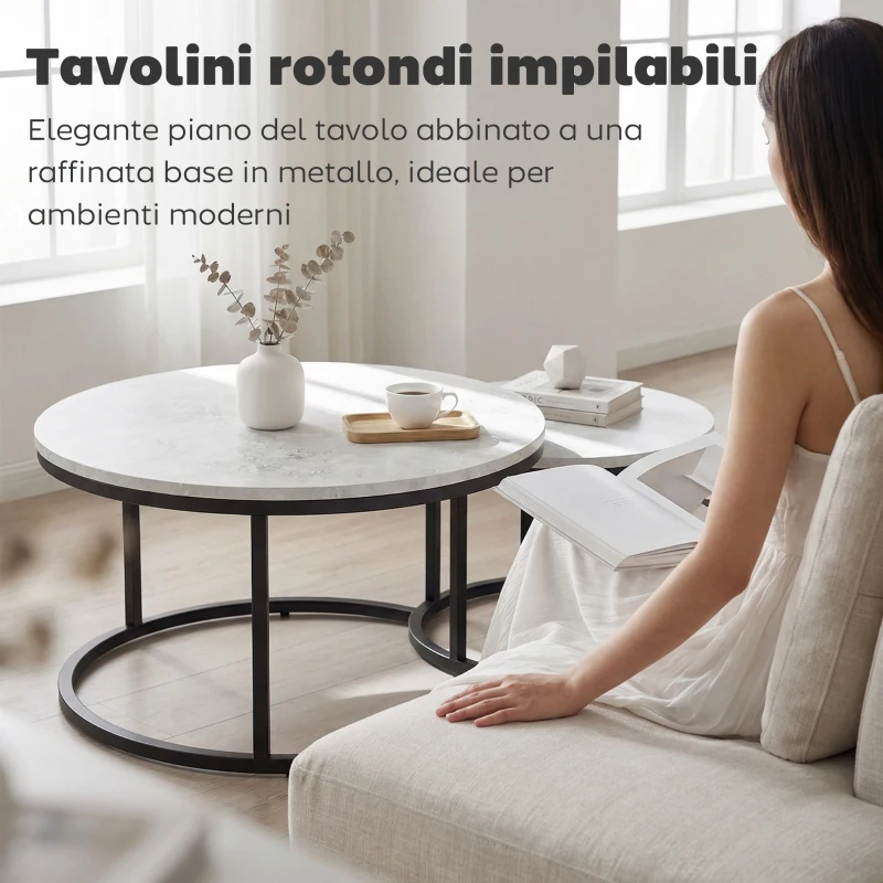 HOMCOM Set 2 Tavolini da Caffè Sovrapponibili Rotondi in Metallo e MDF Effetto Marmo, Grigio e Nero