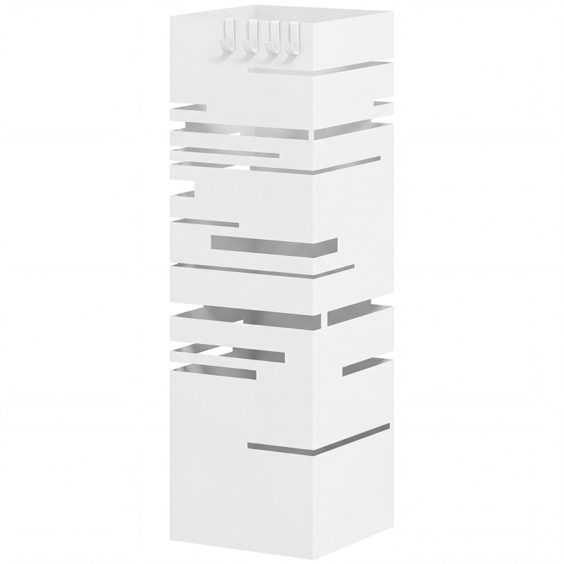HOMCOM Suporte para Guarda Chuva Metálico com 4 Ganchos e Bandeja de Recolha de Gotas Removível 15,5x15,5x49 cm Branco