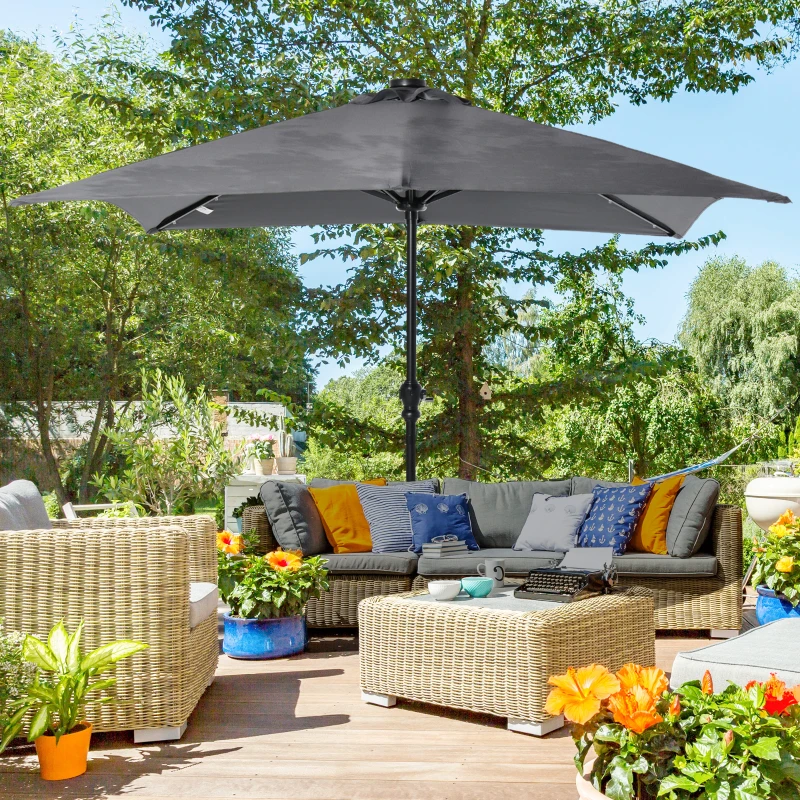 Outsunny Chapéu de Sol com Luzes LED 268x205x248 cm Chapéu de Sol de Jardim Inclinável até 45° e Abertura a Manivela Cinza Escuro