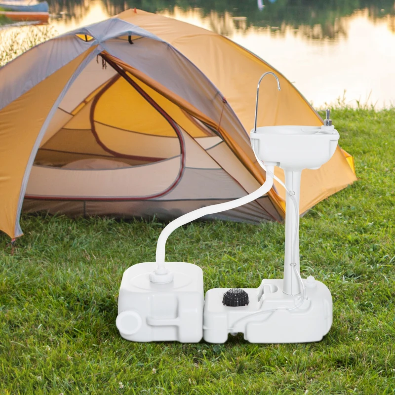Outsunny Lavatório Portátil para Campismo com Depósito de Recuperação de Água e Dispensador de Sabão 83x50x103 cm Cinza Claro
