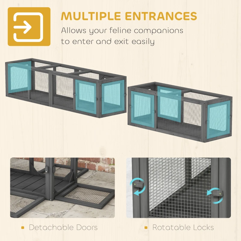 PawHut Cat Tunnel, 250cm Extra Long Wooden Cat Play Tunnel with 8 Doors, L-shape/Rectangle, Outdoor Cat Enclosure, Dark Grey