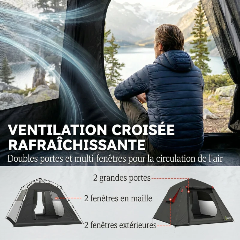 Outsunny Tente de Camping Dôme 2 Personnes 3-4 Saisons Imperméable 3000mm Montage Facile 2 Portes 210x210x150cm Gris Foncé