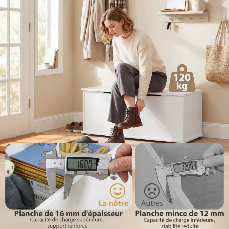 HOMCOM Coffre de rangement, banc de rangement avec couvercle rabattable et charnières de sécurité, banc chaussures, meuble d'entrée, couloir, chambre, salon, 100 x 40 x 40 cm, blanc