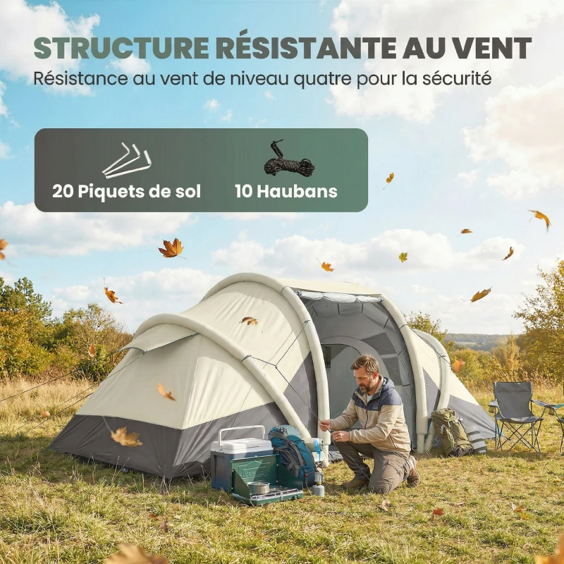 Outsunny Tente Gonflable Camping 2-4 Personnes avec Pompe 2 Chambres et Séjour Imperméable 3000mm 485x245x188cm Gris