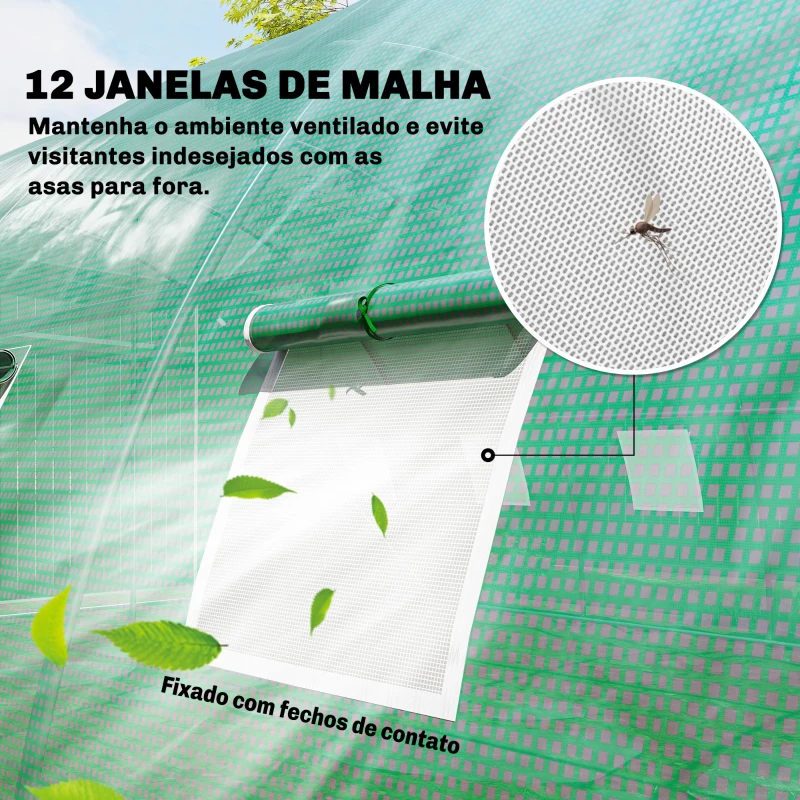 Outsunny Estufa Tipo Túnel com 2 Barras de Suporte 2 Portas Enroláveis e Janelas com Rede Cobertura de PE Anti-UV Verde