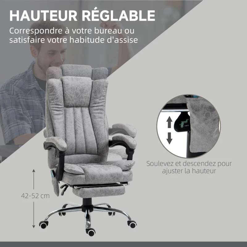 HOMCOM Fauteuil de bureau massant chauffant fauteuil bureau confortable hauteur réglable dossier inclinable repose-pied revêtement synthétique gris