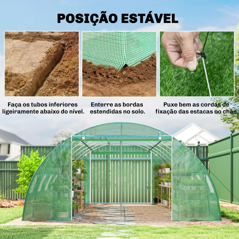 Outsunny Estufa Tipo Túnel com 2 Barras de Suporte 2 Portas Enroláveis e Janelas com Rede Cobertura de PE Anti-UV Verde