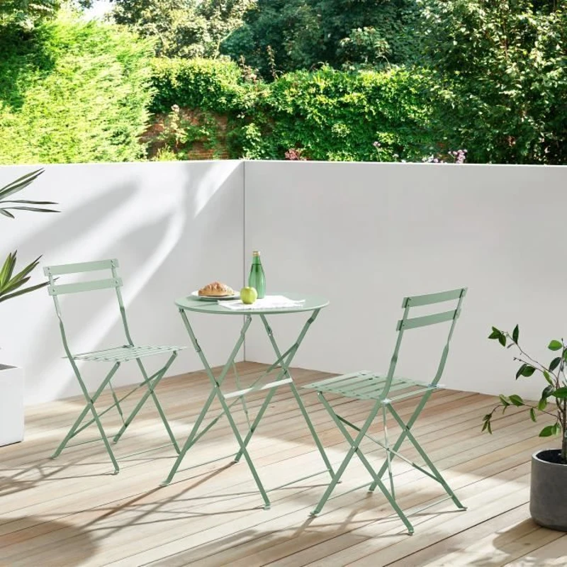 Set bistrot 2 personnes - Table ronde pliante 60 cm + 2 chaises - Acier thermolaqué - Vert