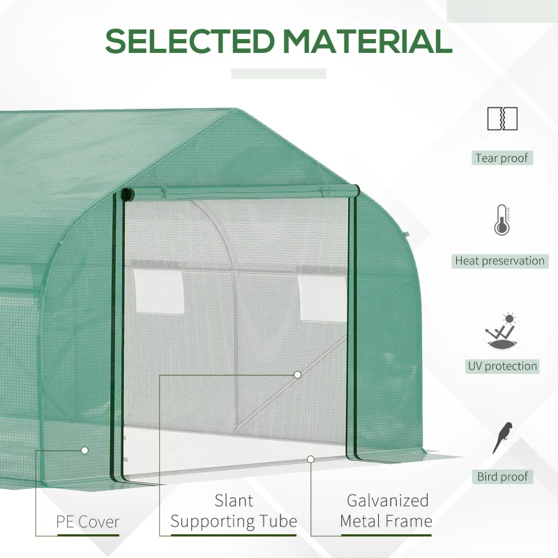 Outsunny Walk-in Polytunnel Garden Greenhouse - Outdoor Mesh Door Greenhouse with PE Cover and 6 Windows, 4.5 x 3 x 2m, Green